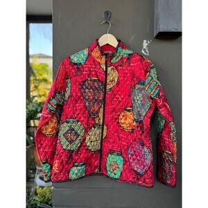 Chico’s 100% Silk Red Quilted Jacket Size 2 Large/12 Oriental Lanterns Full Zip